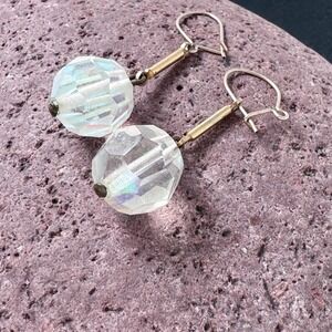 Vintage Aurora Borealis Crystal Ball Drop Earrings Gold Tone AB Faceted 1 1/8